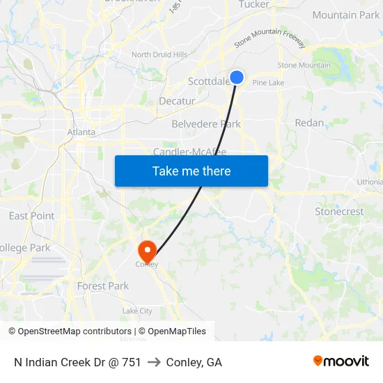 N Indian Creek Dr @ 751 to Conley, GA map