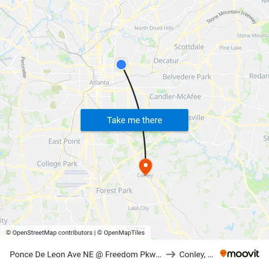 Ponce De Leon Ave NE @ Freedom Pkwy NE to Conley, GA map