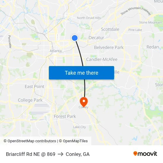 Briarcliff Rd NE @ 869 to Conley, GA map