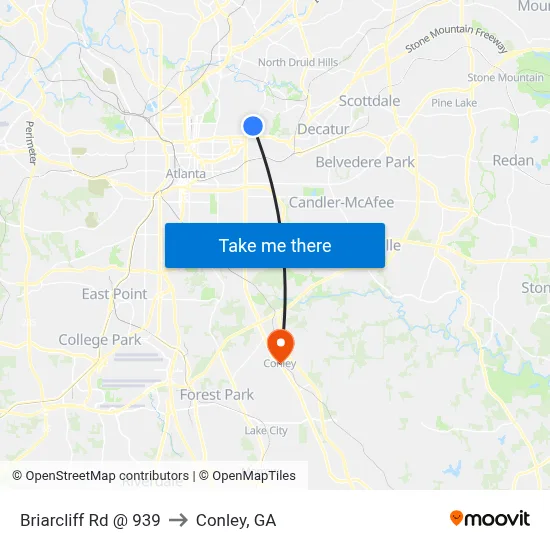 Briarcliff Rd @ 939 to Conley, GA map