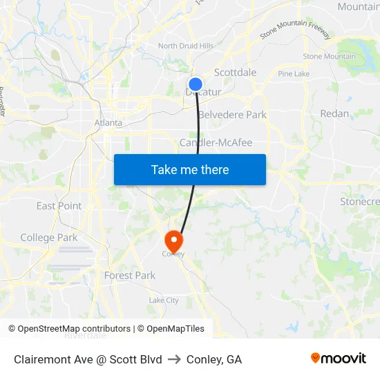 Clairemont Ave @ Scott Blvd to Conley, GA map