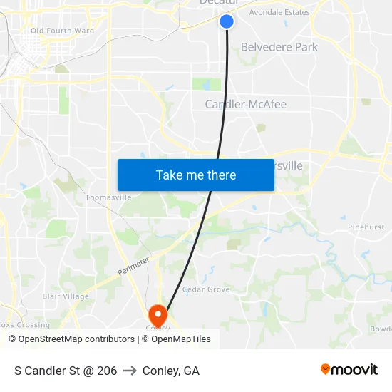 S Candler St @ 206 to Conley, GA map