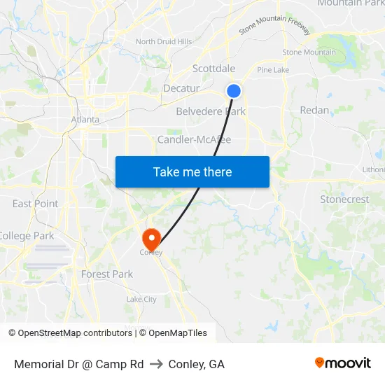 Memorial Dr @ Camp Rd to Conley, GA map