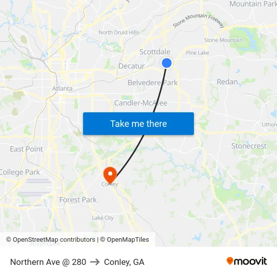 Northern Ave @ 280 to Conley, GA map