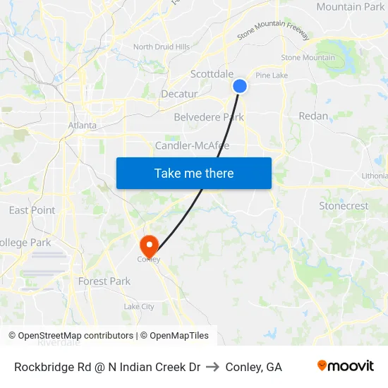 Rockbridge Rd @ N Indian Creek Dr to Conley, GA map