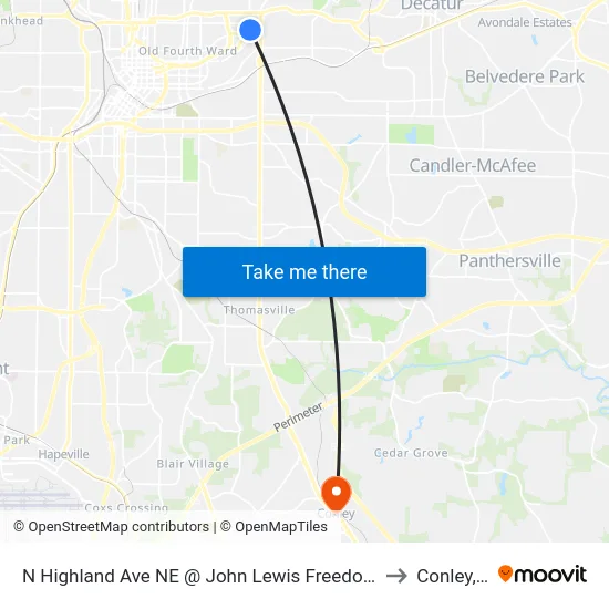 N Highland Ave NE @ John Lewis Freedom Pkwy NE to Conley, GA map