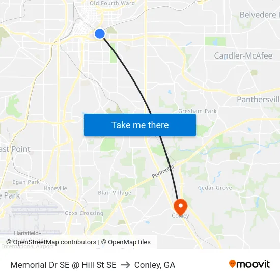 Memorial Dr SE @ Hill St SE to Conley, GA map