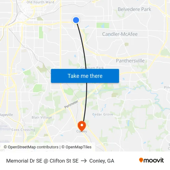 Memorial Dr SE @ Clifton St SE to Conley, GA map