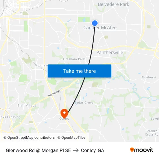 Glenwood Rd @ Morgan Pl SE to Conley, GA map