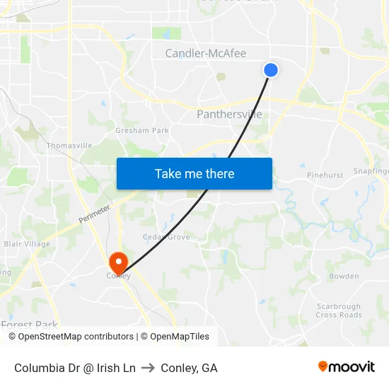 Columbia Dr @ Irish Ln to Conley, GA map
