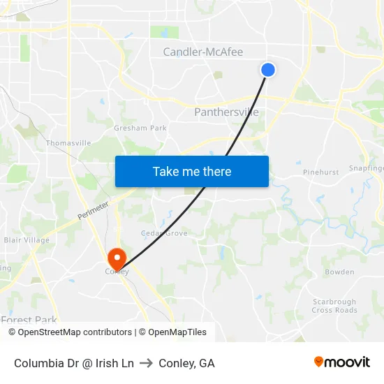 Columbia Dr @ Irish Ln to Conley, GA map