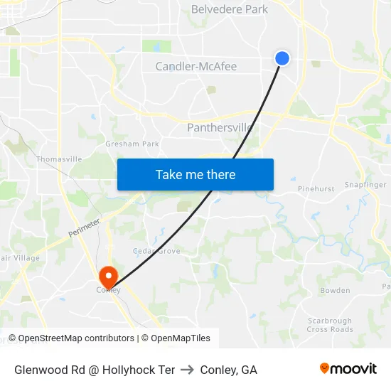 Glenwood Rd @ Hollyhock Ter to Conley, GA map