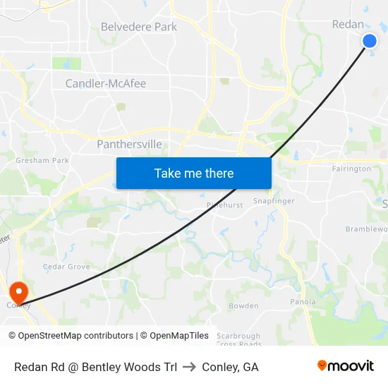 Redan Rd @ Bentley Woods Trl to Conley, GA map