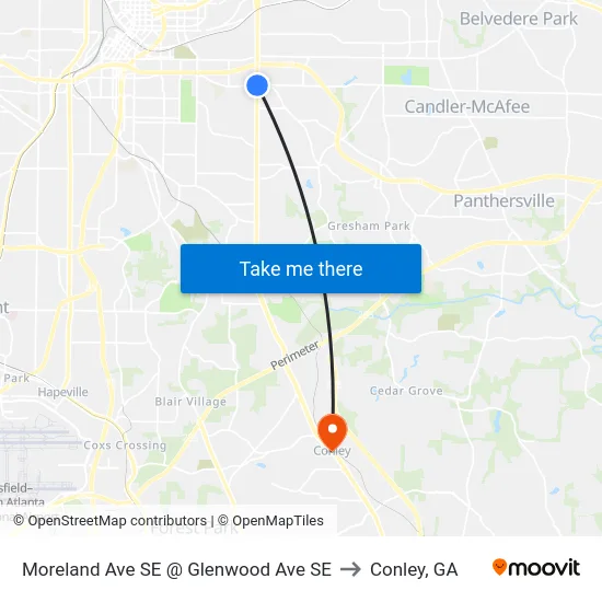 Moreland Ave SE @ Glenwood Ave SE to Conley, GA map