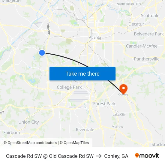 Cascade Rd SW @ Old Cascade Rd SW to Conley, GA map