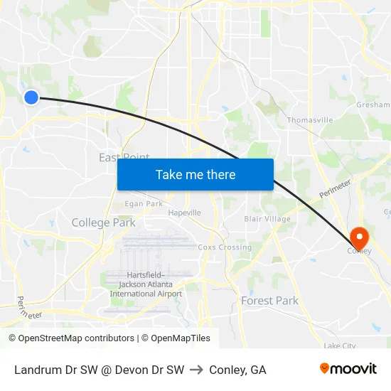 Landrum Dr SW @ Devon Dr SW to Conley, GA map