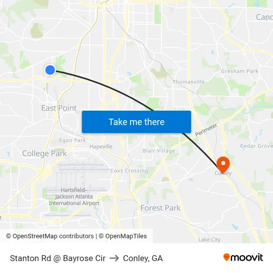 Stanton Rd @ Bayrose Cir to Conley, GA map