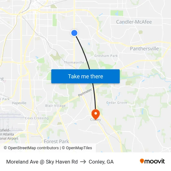 Moreland Ave @ Sky Haven Rd to Conley, GA map