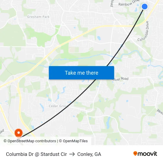 Columbia Dr @ Stardust Cir to Conley, GA map