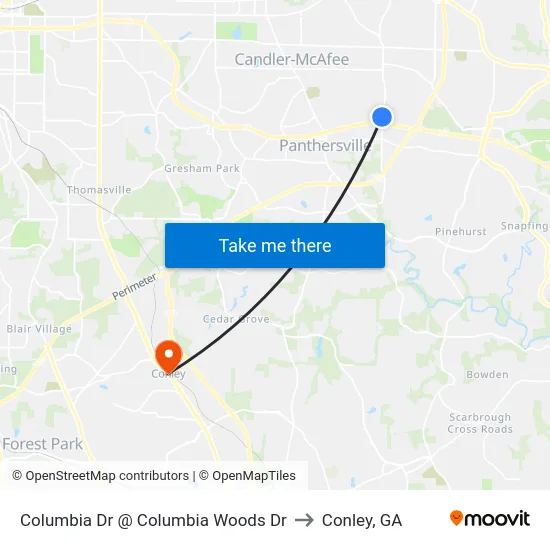 Columbia Dr @ Columbia Woods Dr to Conley, GA map