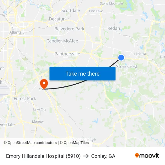 Emory Hillandale Hospital (5910) to Conley, GA map