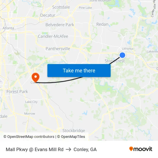 Mall Pkwy @ Evans Mill Rd to Conley, GA map