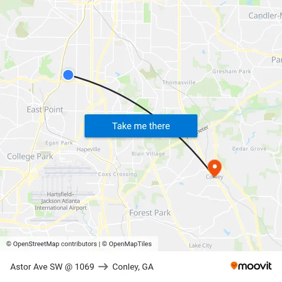 Astor Ave SW @ 1069 to Conley, GA map