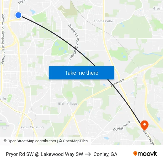 Pryor Rd SW @ Lakewood Way SW to Conley, GA map