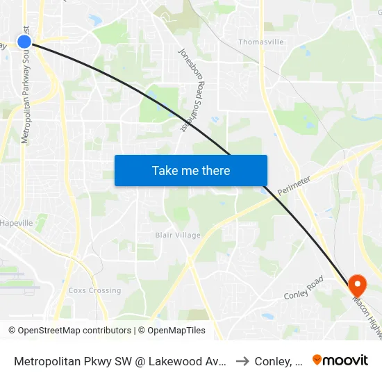 Metropolitan Pkwy SW @ Lakewood Ave SW to Conley, GA map