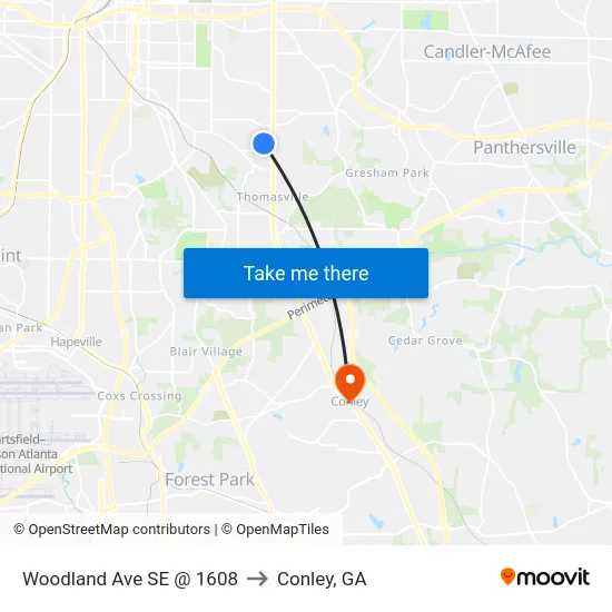 Woodland Ave SE @ 1608 to Conley, GA map