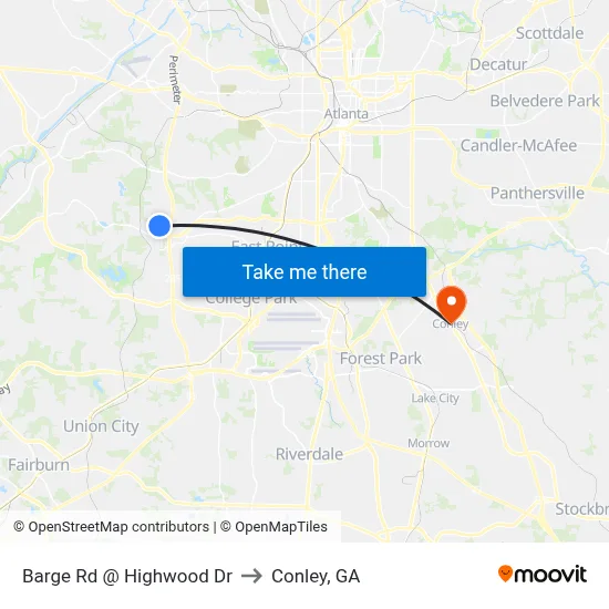 Barge Rd @ Highwood Dr to Conley, GA map
