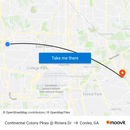 Continental Colony Pkwy @ Riviera Dr to Conley, GA map