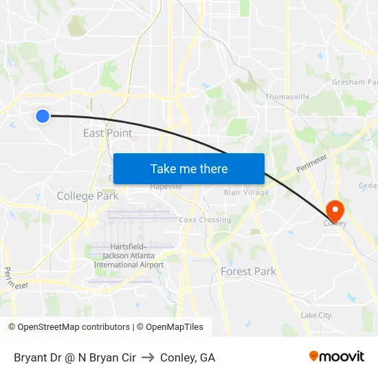 Bryant Dr @ N Bryan Cir to Conley, GA map