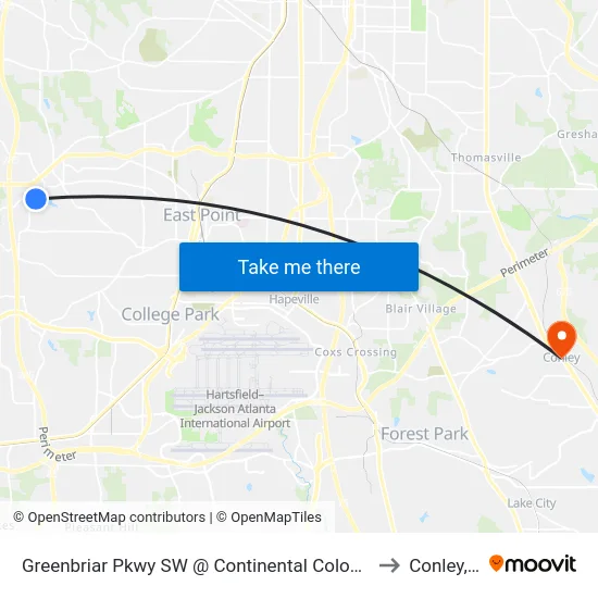 Greenbriar Pkwy SW @ Continental Colony Pkwy SW to Conley, GA map