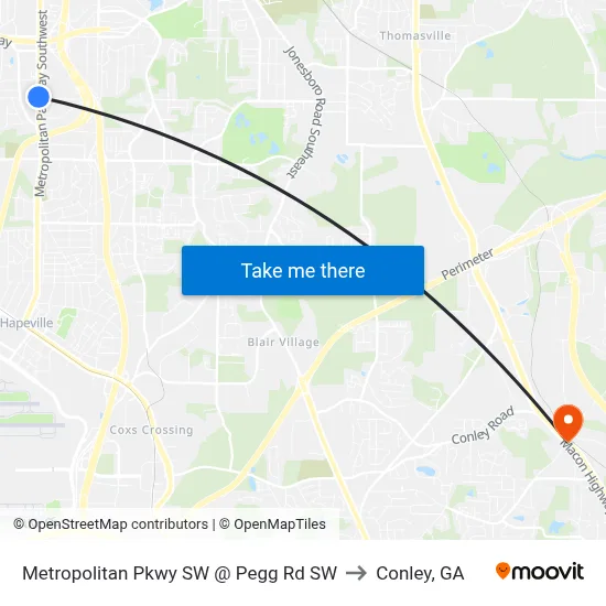 Metropolitan Pkwy SW @ Pegg Rd SW to Conley, GA map