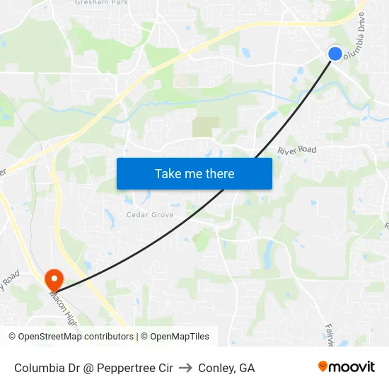 Columbia Dr @ Peppertree Cir to Conley, GA map