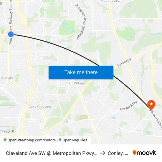 Cleveland Ave SW @ Metropolitan Pkwy SW to Conley, GA map