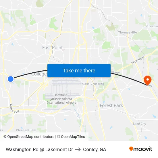 Washington Rd @ Lakemont Dr to Conley, GA map