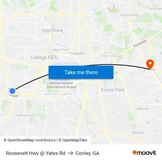 Roosevelt Hwy @ Yates Rd to Conley, GA map