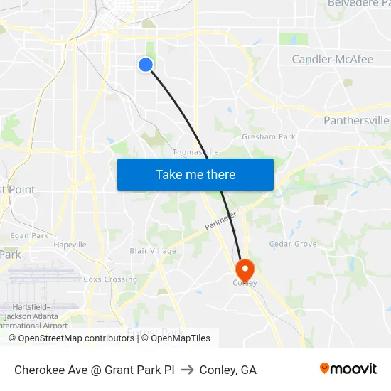 Cherokee Ave @ Grant Park Pl to Conley, GA map