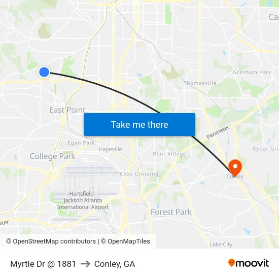 Myrtle Dr @ 1881 to Conley, GA map