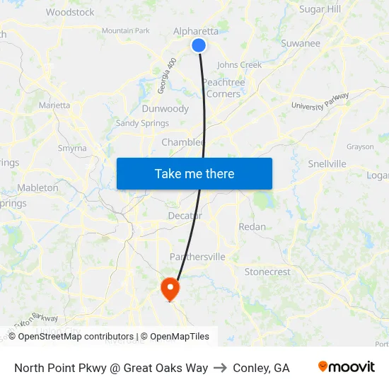 North Point Pkwy @ Great Oaks Way to Conley, GA map