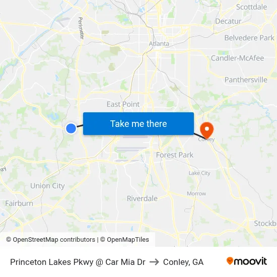 Princeton Lakes Pkwy @ Car Mia Dr to Conley, GA map