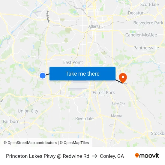 Princeton Lakes Pkwy @ Redwine Rd to Conley, GA map