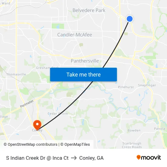S Indian Creek Dr @ Inca Ct to Conley, GA map
