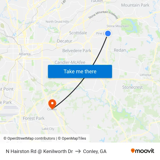N Hairston Rd @ Kenilworth Dr to Conley, GA map