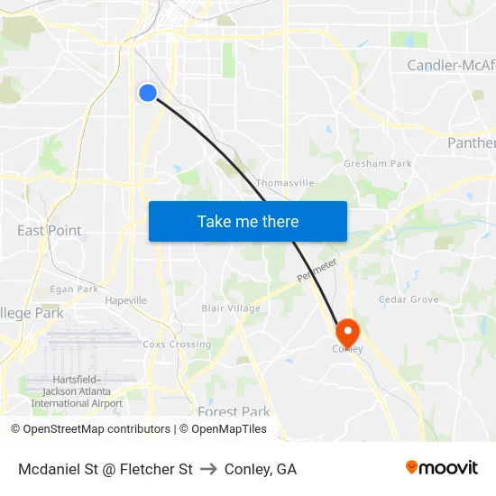 Mcdaniel St @ Fletcher St to Conley, GA map