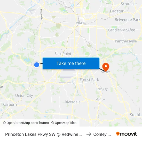 Princeton Lakes Pkwy SW @ Redwine Rd to Conley, GA map