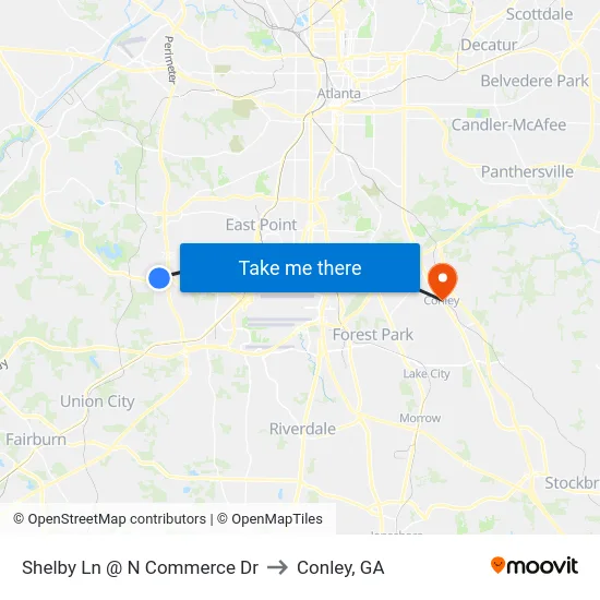 Shelby Ln @ N Commerce Dr to Conley, GA map