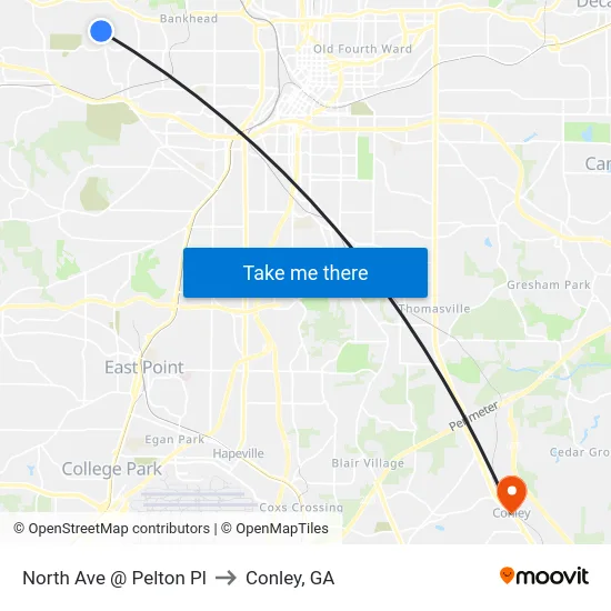 North Ave @ Pelton Pl to Conley, GA map